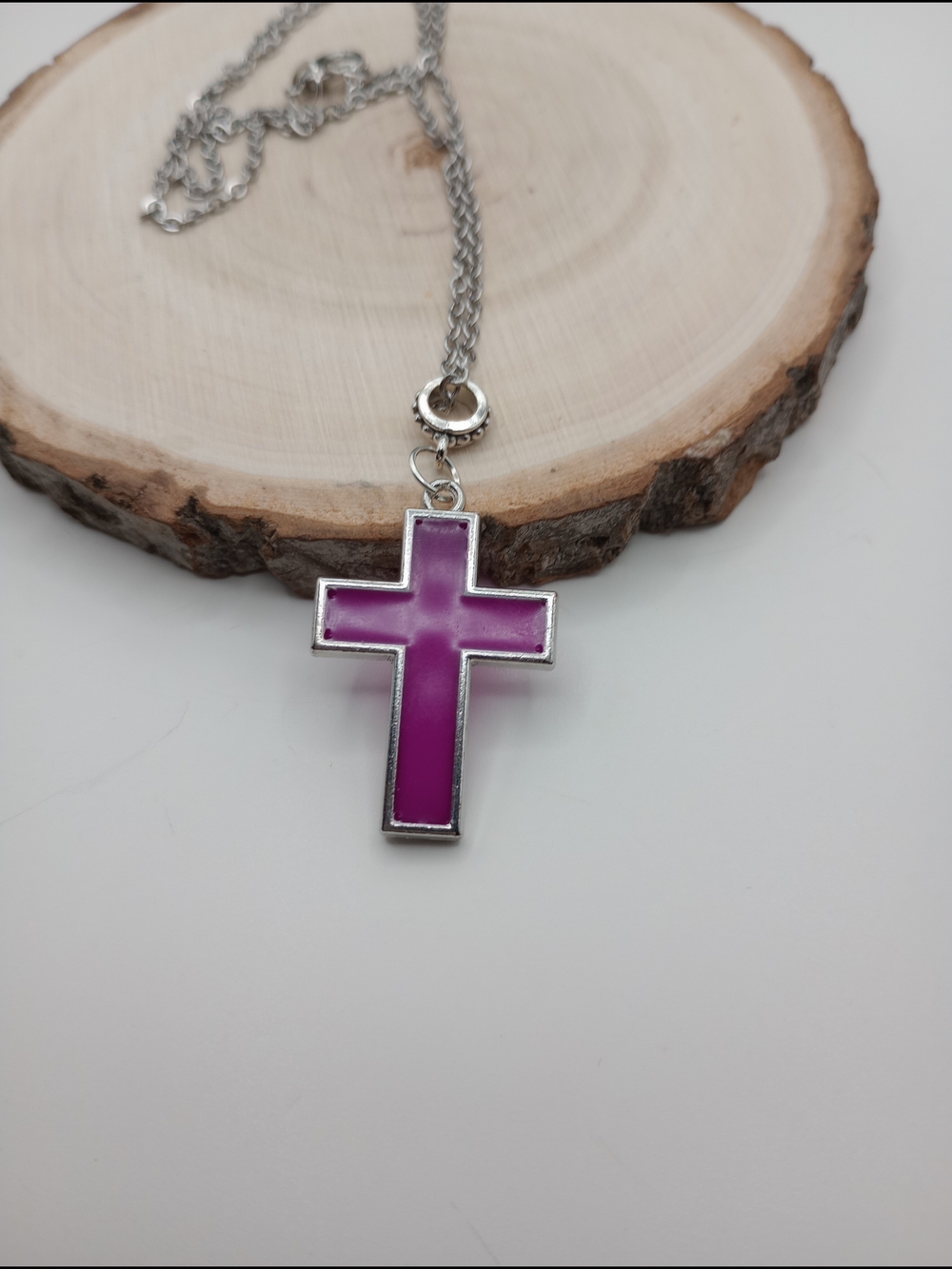 Silver Cross Pendant Necklace with Purple Inlay - Women Jewelry